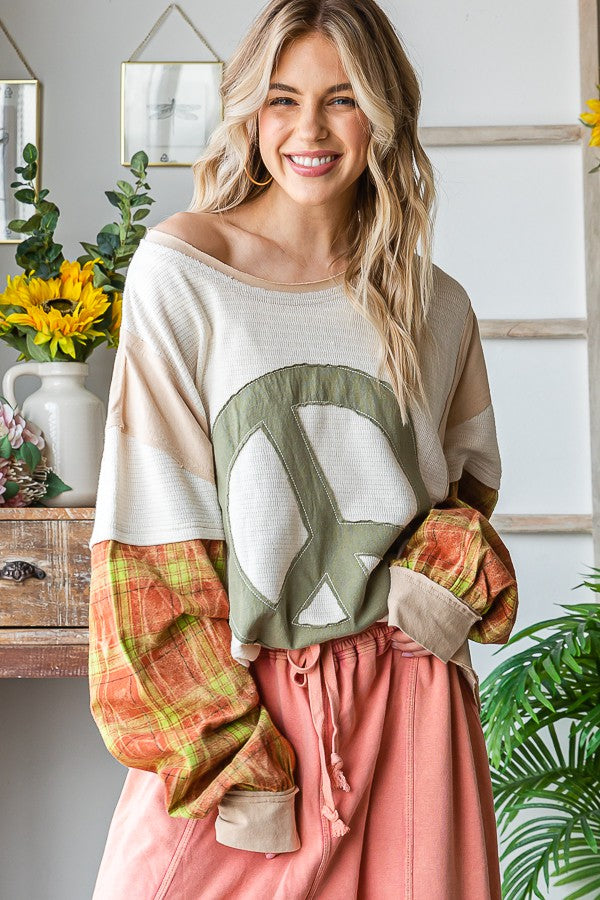 Oli & Hali Peace Applique Plaid Sleeve Pullover Top