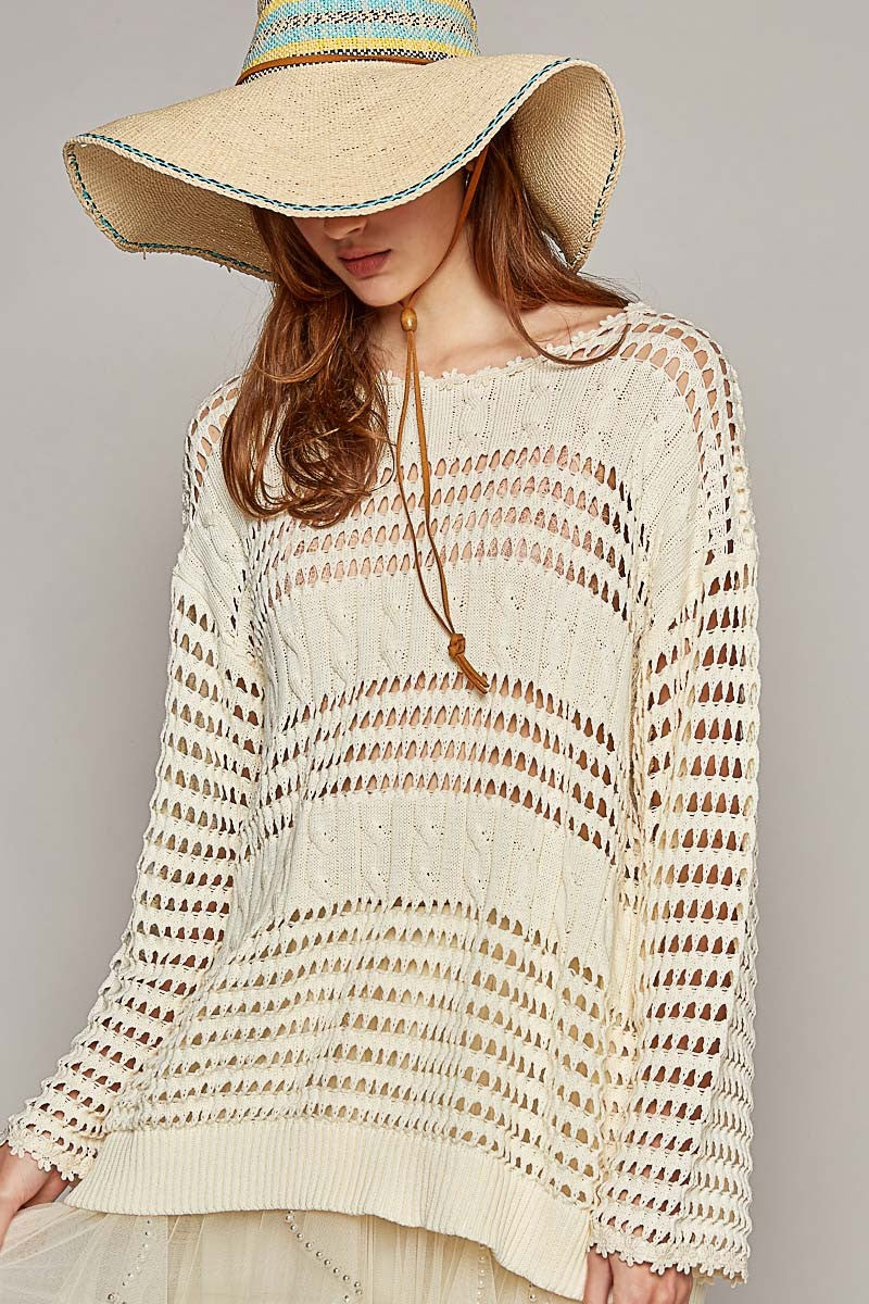 POL Round Neck Long Sleeve Rib Weave Solid Sweater Top
