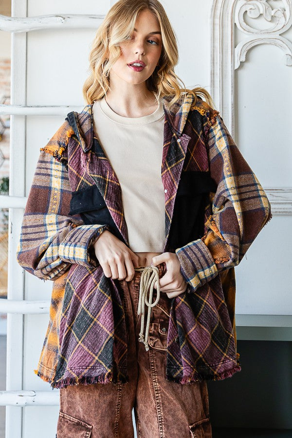 Oli & Hali Plaid Button Front Hoodie Jacket