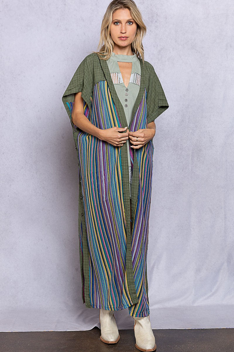 POL Multi Color Open Front Button Slit Panel Tunic Top