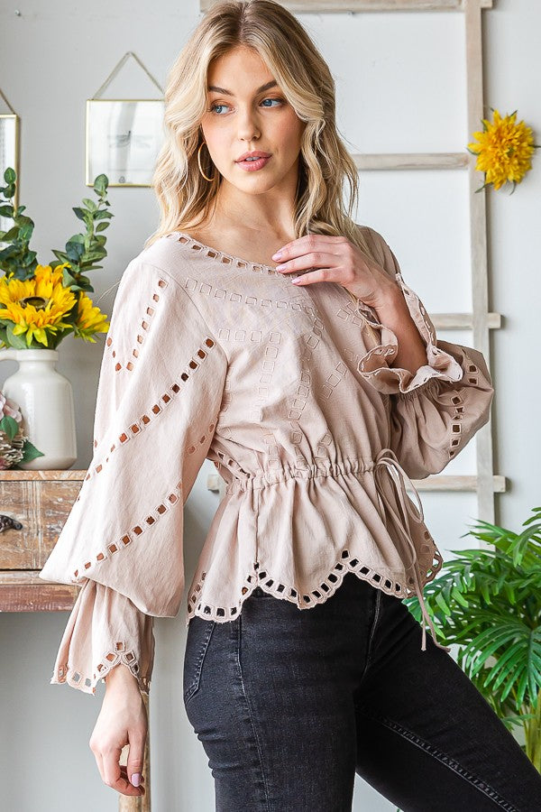 Oli & Hali Embroidered Washed Scallop Edge Top