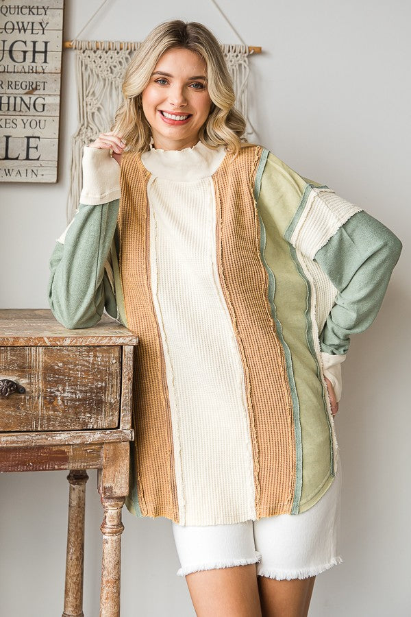 Oli & Hali Washed Fabric Mixed Long Sleeve Pullover Top