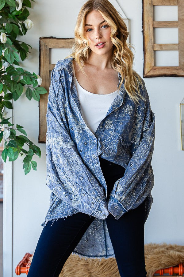 Oli & Hali Scarf Print Button Front Shirt Top