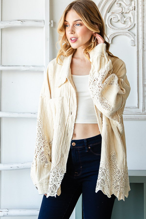 Oli & Hali Washed Lace Mixed Buttondown Shirt Top