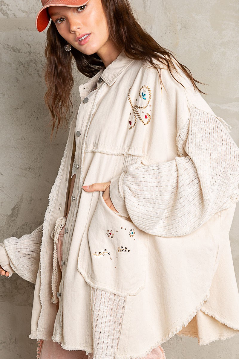 POL Oversize Balloon Sleeve Embroidered Detail Collared Sequin Shirt - Roulhac Fashion Boutique