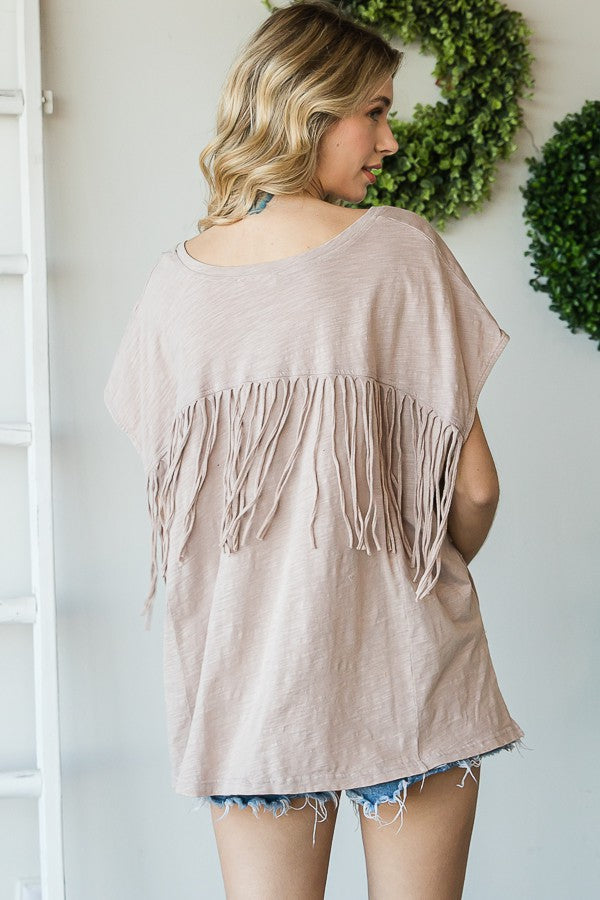 Oli & Hali Mineral Washed Self Fringe Cut Out Neck Top