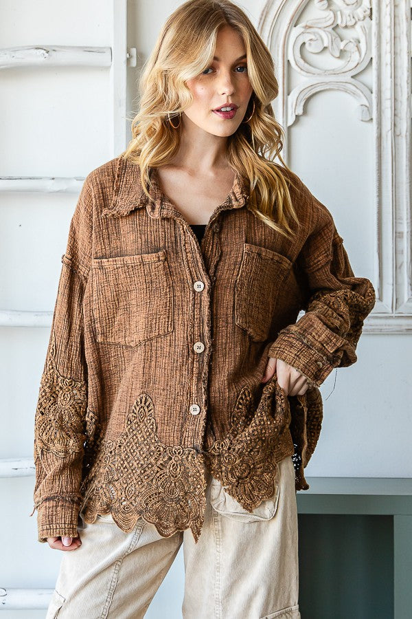 Oli & Hali Washed Lace Mixed Buttondown Shirt Top