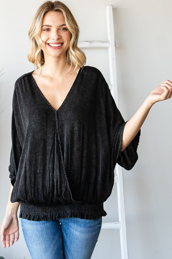 Oli & Hali Mineral Washed Cirsscross Smocked Waist Band Top