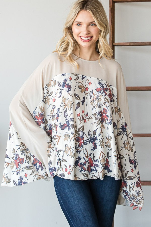 Oli & Hali Floral Print Solid Contrast Bell Sleeves Detail Fl Top