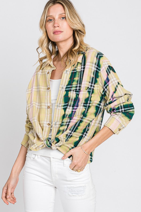 Oli & Hali Bleached Detail Front Pocket Plaids Top