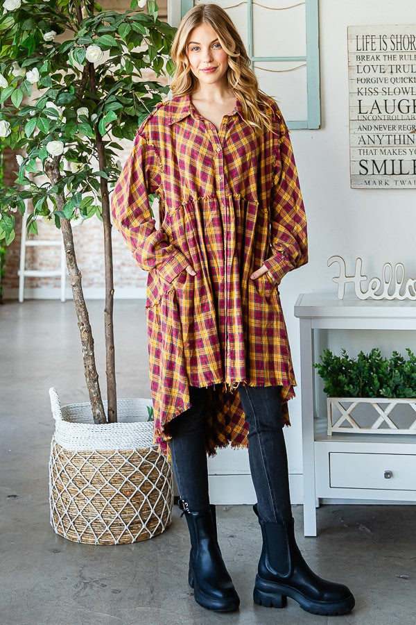 Oli & Hali Mineral Washed Back Tiered Check Plaid Tunic Top