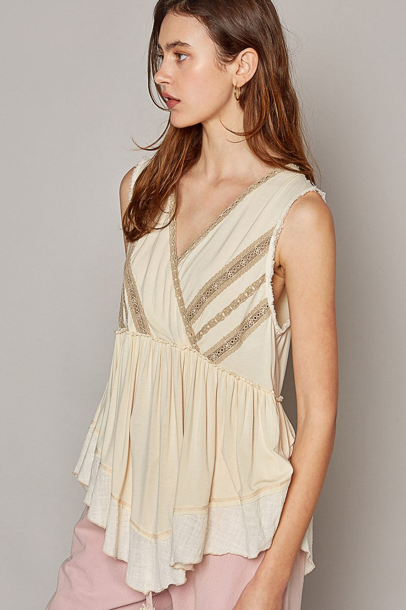 POL Overlay Neck Sleeveless Lace Trim Solid Knit Top