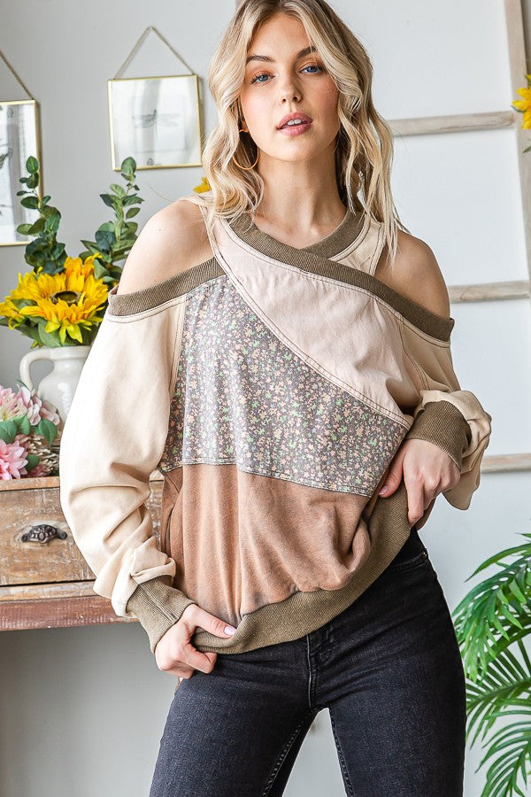 Oli & Hali Washed Fabric Mixed Cutout Shoulder Tunic Top