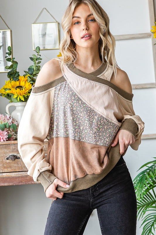 Oli & Hali Washed Fabric Mixed Cutout Shoulder Tunic Top