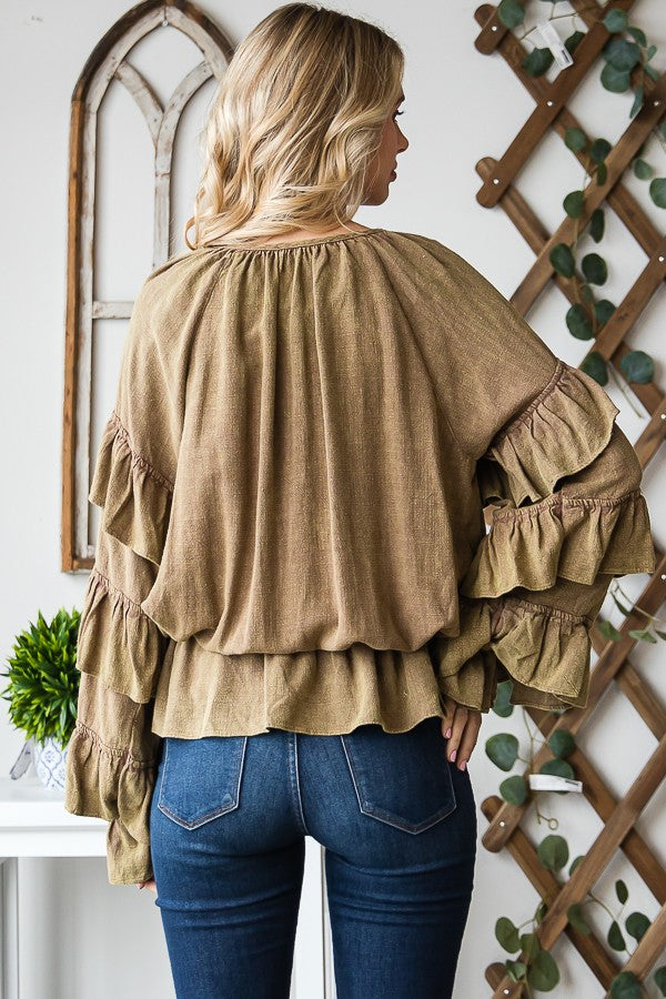Oli & Hali Washed Ruffle Sleeve Peplum Top
