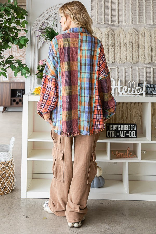 Oli & Hali Washed Plaid Mixed Buttondwon Shirt Jacket