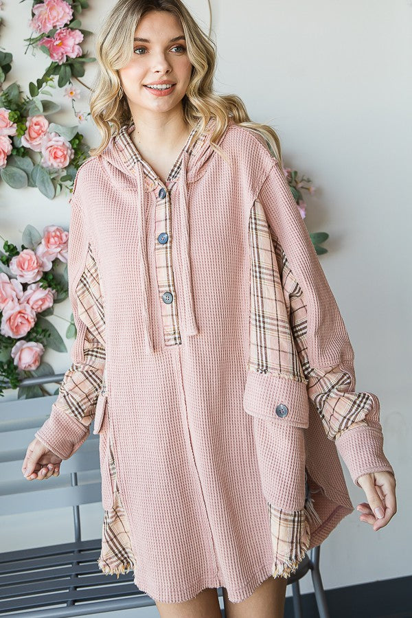 Oli & Hali Mineral Washed Plaid Contrast Waffle Hoodie Jacket