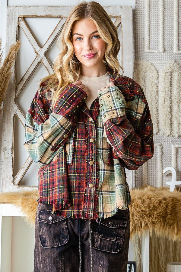 Oli & Hali Daisy Trimmed Washed Plaid Mixed Shirt Top