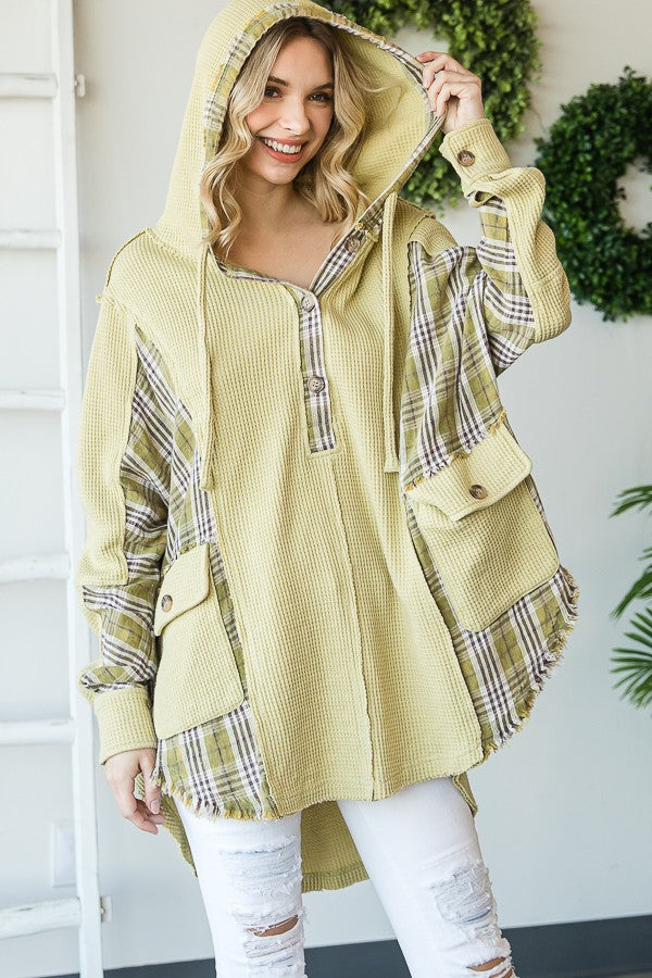 Oli & Hali Mineral Washed Plaid Contrast Waffle Hoodie Jacket