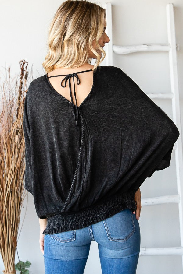 Oli & Hali Mineral Washed Cirsscross Smocked Waist Band Top