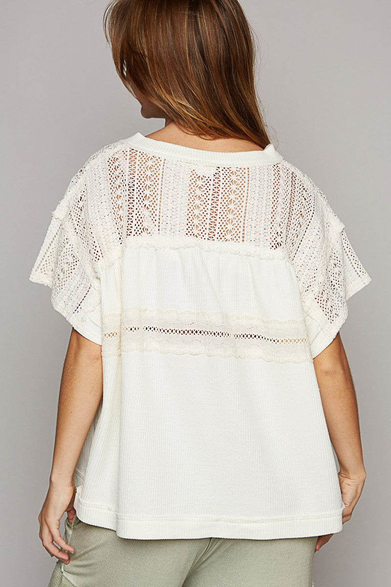 POL Oversize V-Neck Short Sleeve Crochet Trim Knit Top