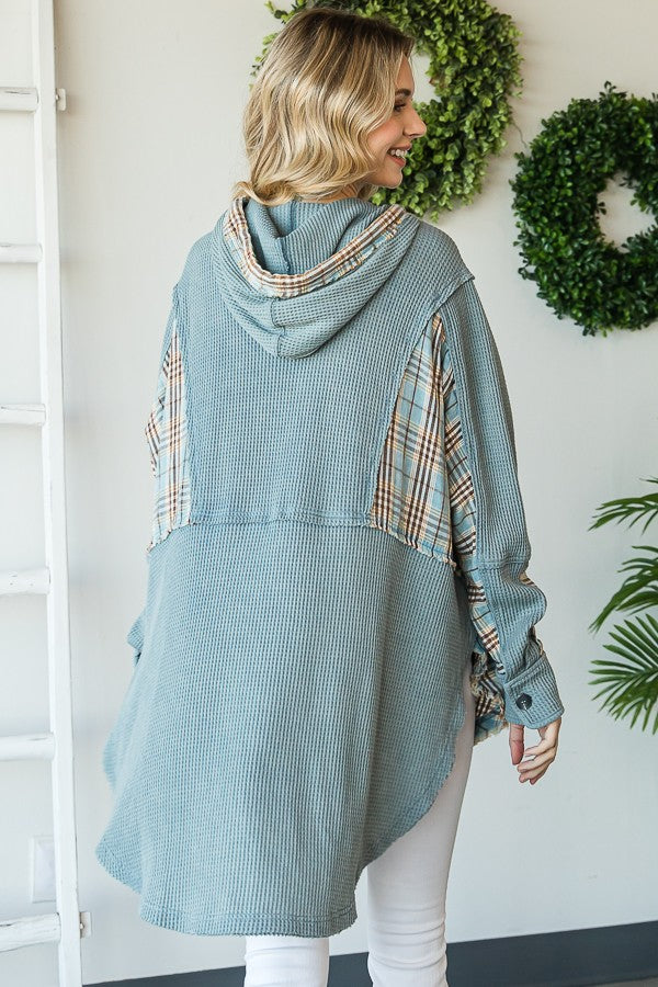 Oli & Hali Mineral Washed Plaid Contrast Waffle Hoodie Jacket
