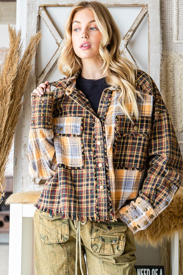 Oli & Hali Daisy Trimmed Washed Plaid Mixed Shirt Top