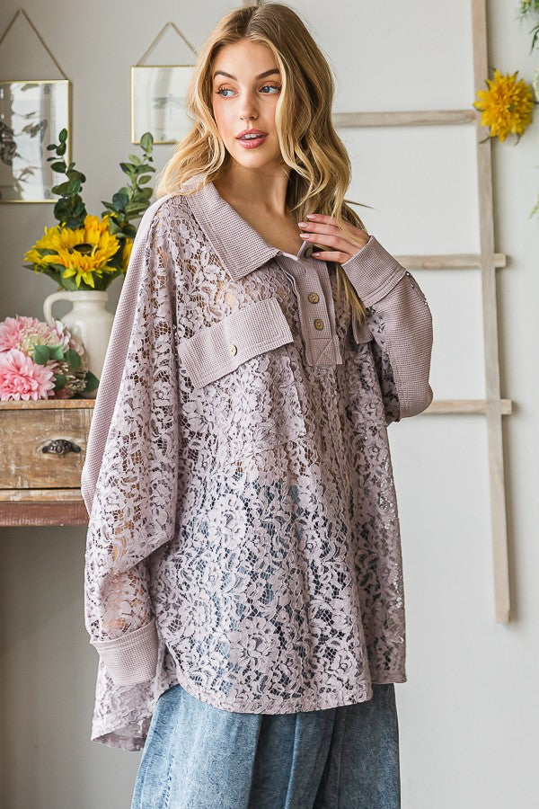 Oli & Hali Washed Lace Waffle Mixed Shirts Top