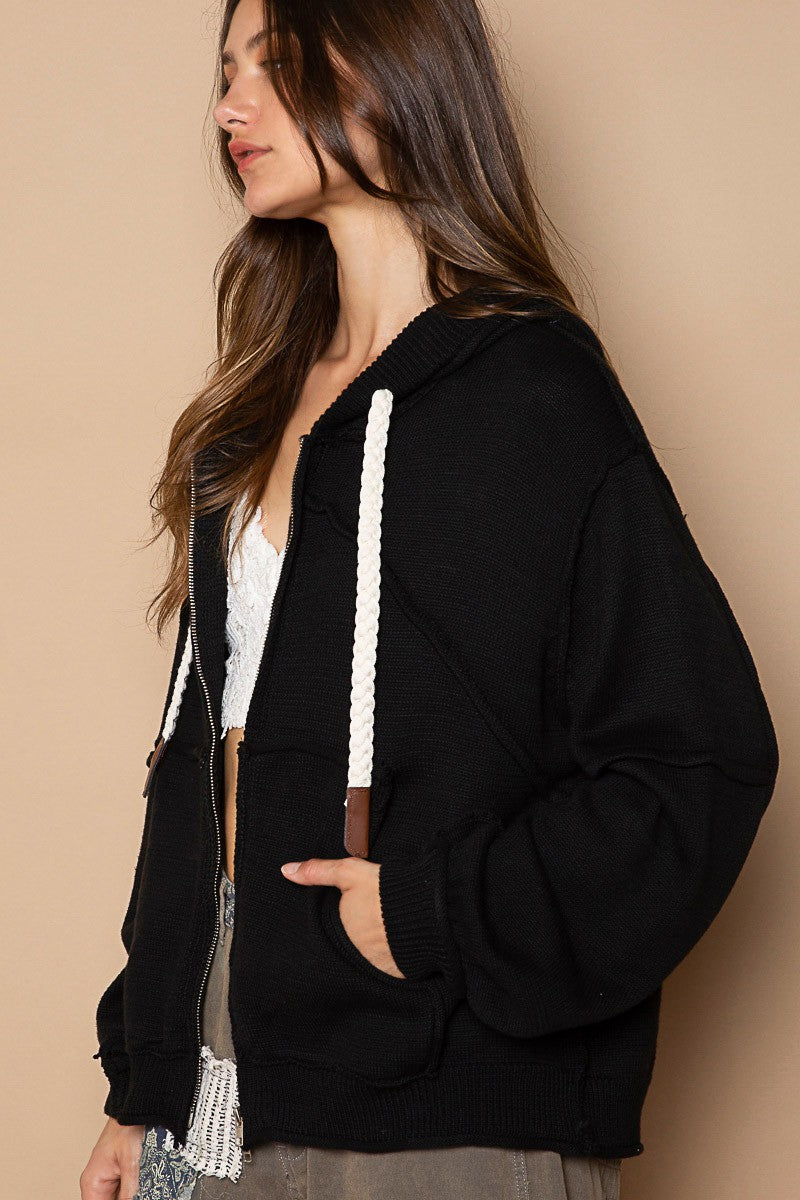 POL Hooded Zipper Balloon Sleeves Hacci Jacket Sweater Top