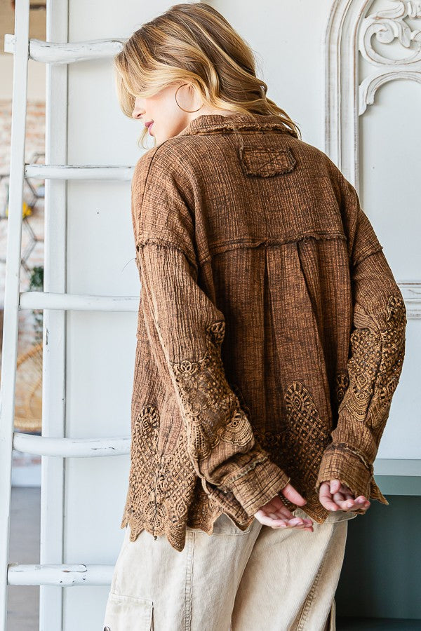 Oli & Hali Washed Lace Mixed Buttondown Shirt Top