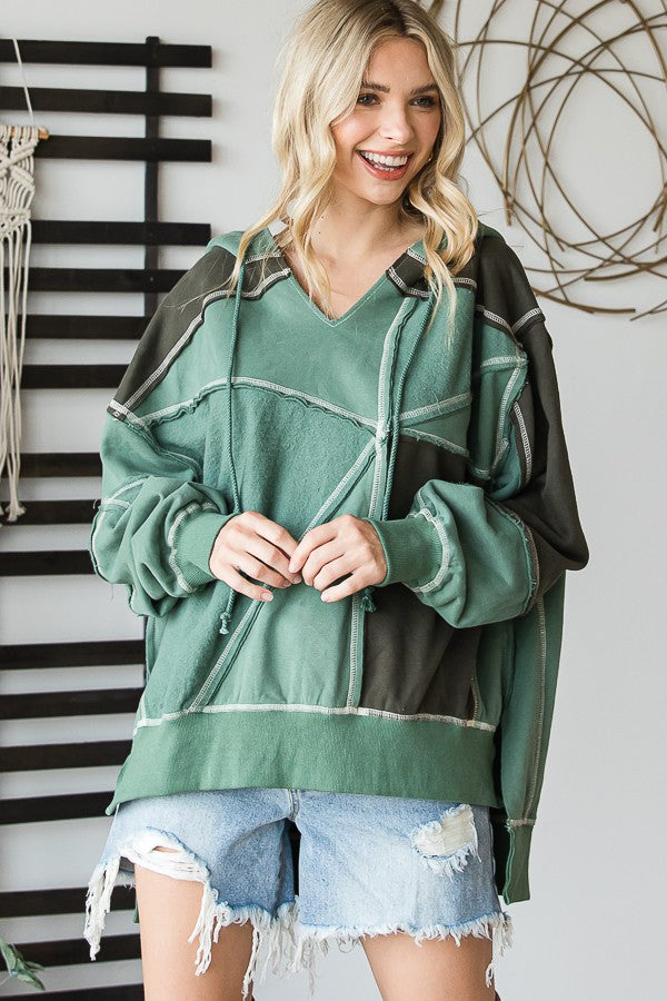 Oli & Hali Patchwork Soft Knit Contrast Hoodie Top