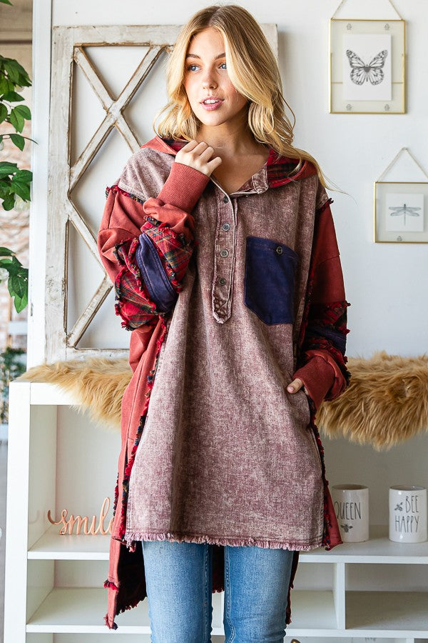 Oli & Hali Washed Fabric Mixed Oversized With Hoodie Top