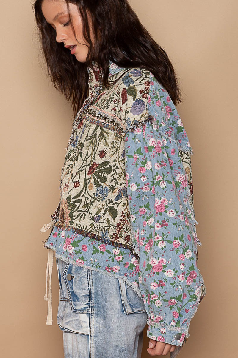 POL Oversized Fit Floral Print Hi-Lo Oversized Fit Denim Jacket