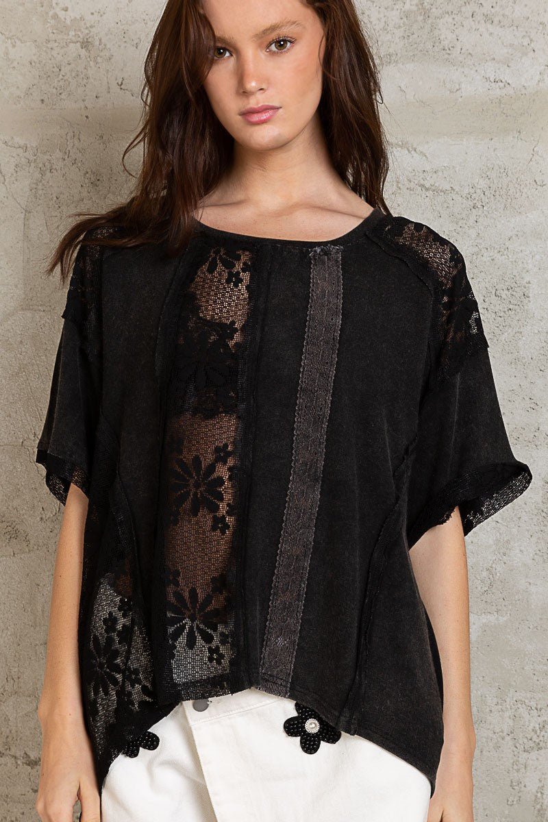 POL Round Neck Lace Short Sleeve Lace Mix Knit Frayed Edge Textured Top - Roulhac Fashion Boutique