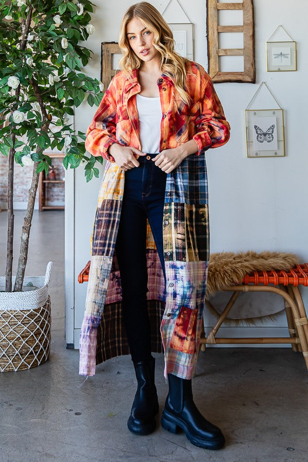 Oli & Hali Washed Plaid Mix Shirt Duster Jacket