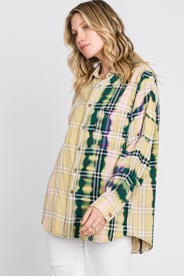 Oli & Hali Bleached Detail Front Pocket Plaids Top