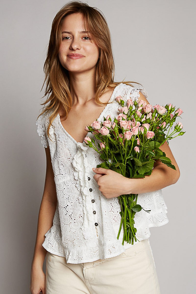 POL Floral Trim V Neck Sleeveless Button Down Embroidered Top