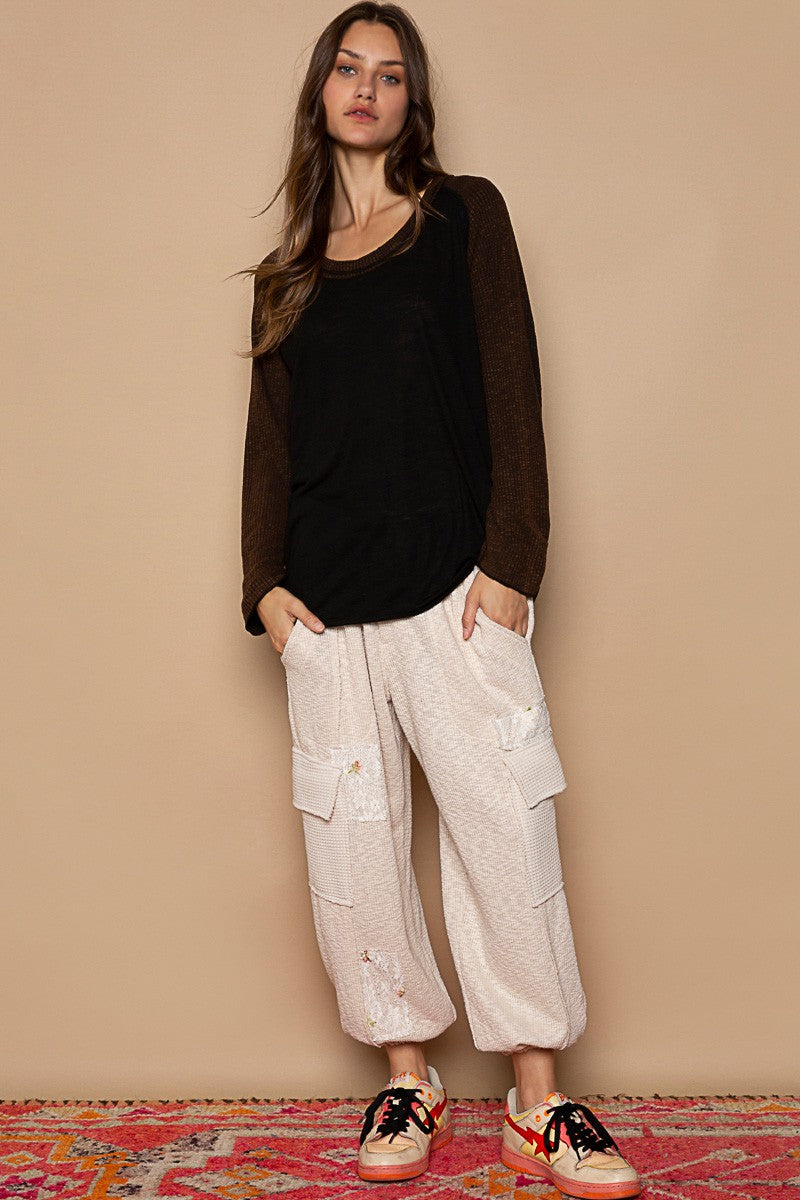 POL Rommy Fit Raw Edge Scoop Neck Raglan Knit Top