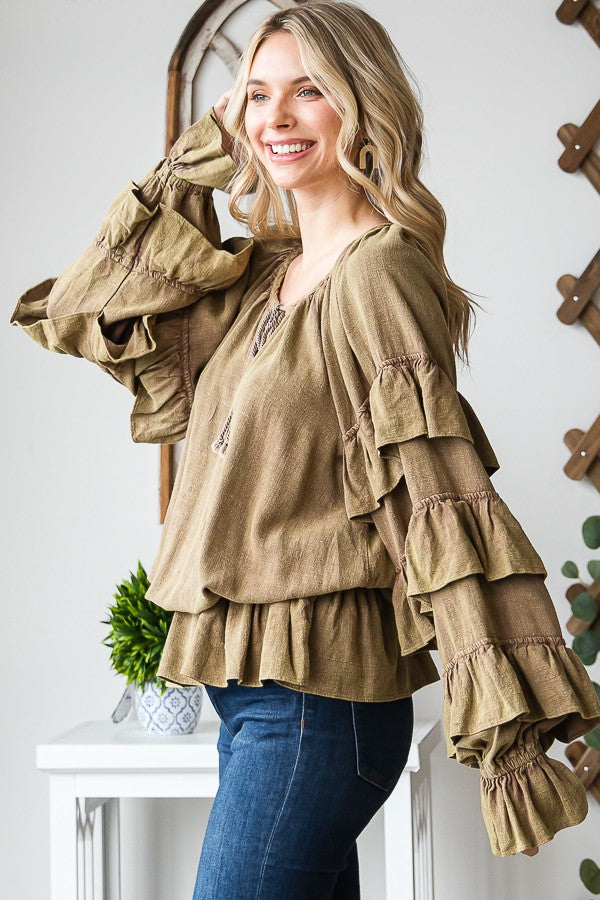 Oli & Hali Washed Ruffle Sleeve Peplum Top