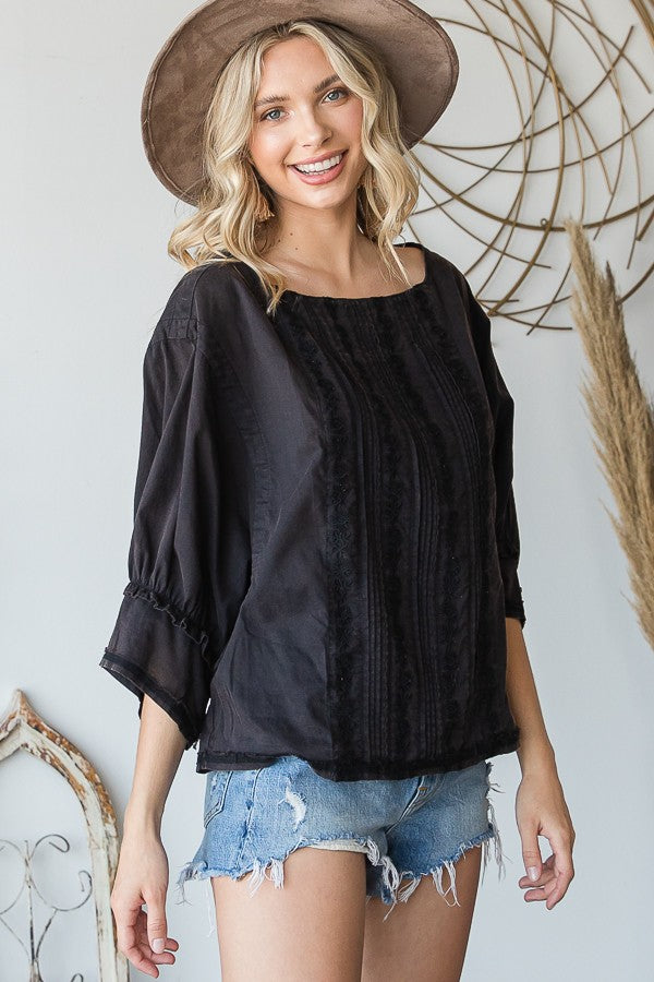 Oli & Hali Mineral Washed Embroidery Detail Front Solid Blouse Top