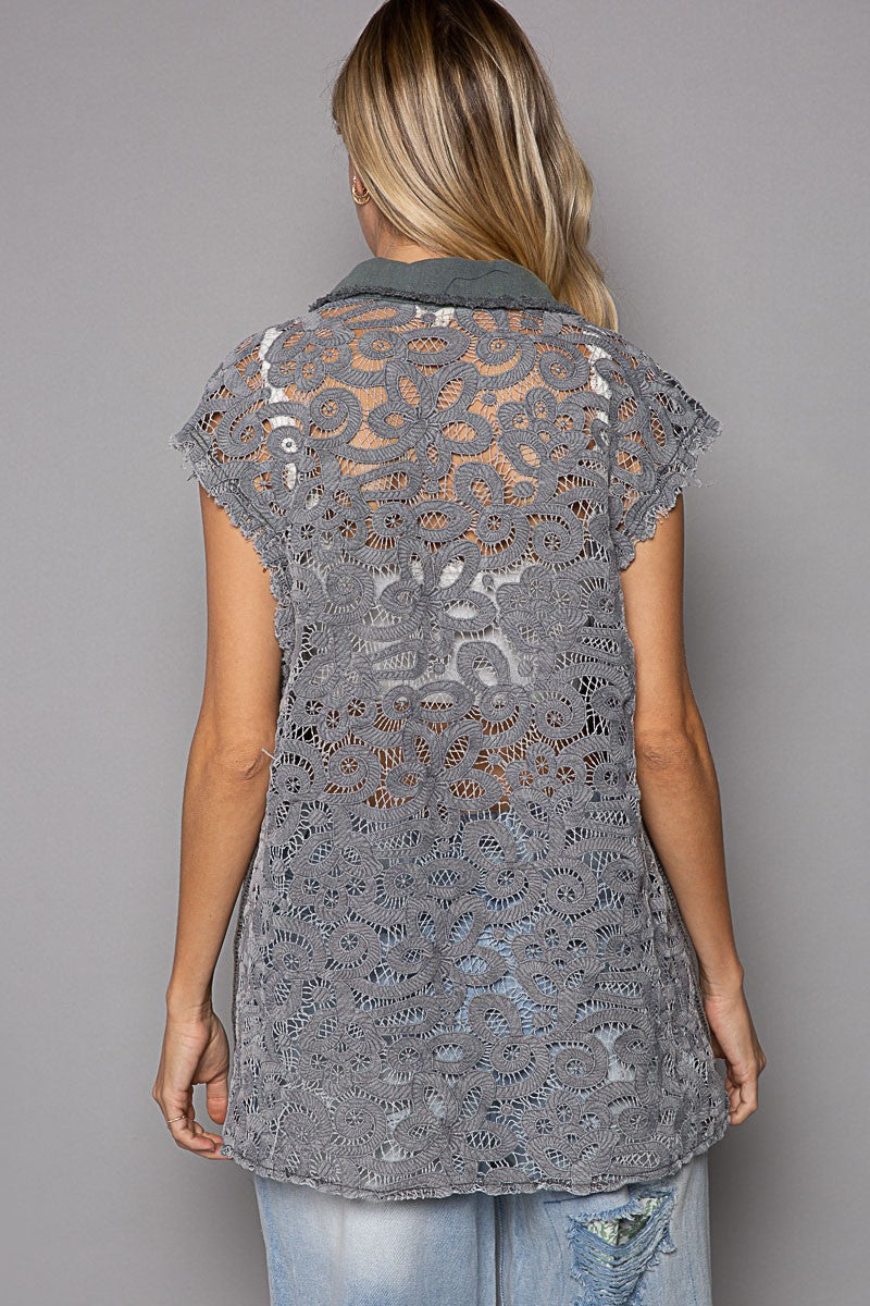 POL Vintage Wash V Neck Cut Sew Crochet Patches Vest Top