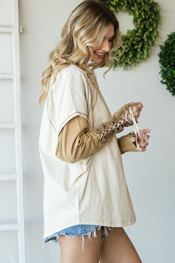 Oli & Hali Mineral Washed Lace Up Cuffs Top