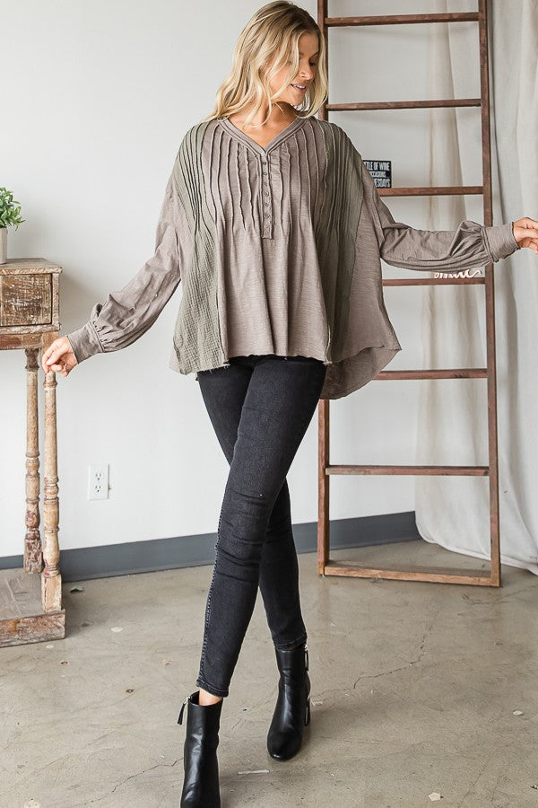 Oli & Hali Mineral Washed Pintuck Pleats Half Button Top