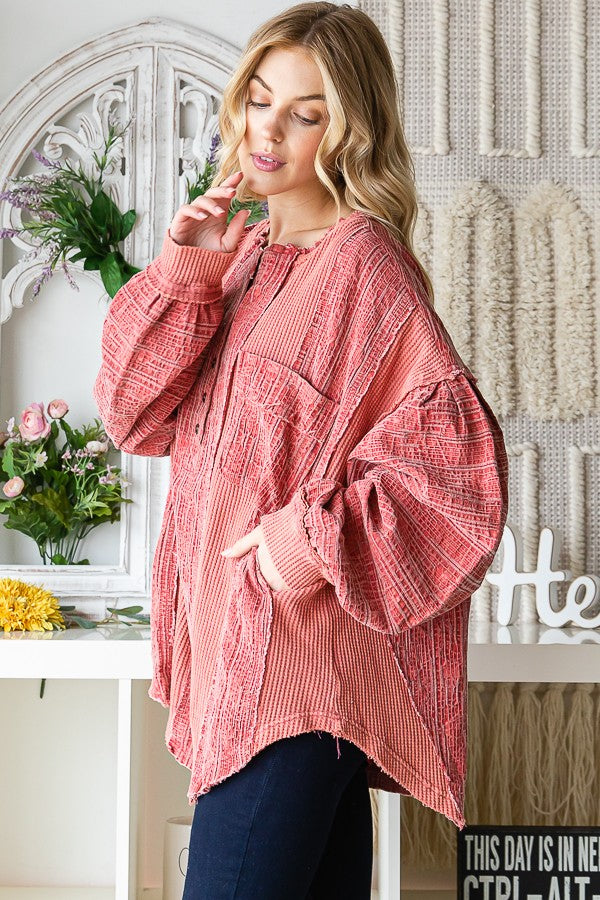 Oli & Hali Washed Fabric Mix Mandarin Collar Top