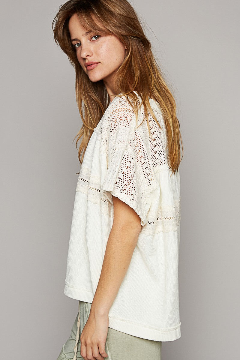 POL Oversize V-Neck Short Sleeve Crochet Trim Knit Top