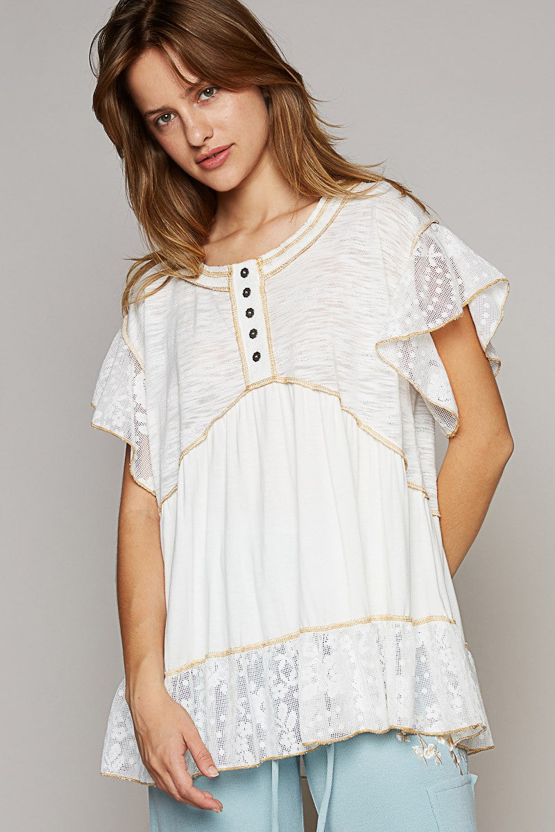 POL Scoop Neck Ruffle Sleeve Crochet Lace Solid Top