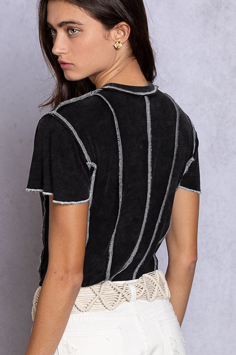 POL Half Sleeves Round Neck Emphasized Stitch Ribbed Knit Top