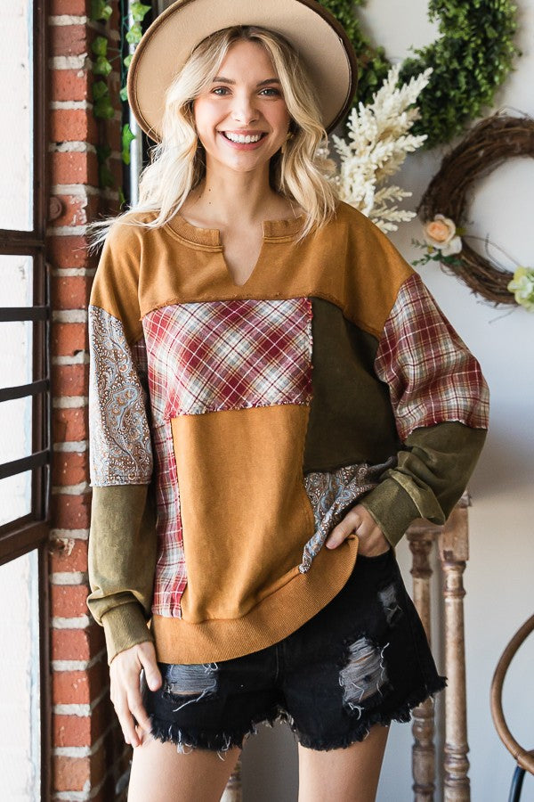 Oli & Hali Mineral Washed Fabric Mixed Pullover Top