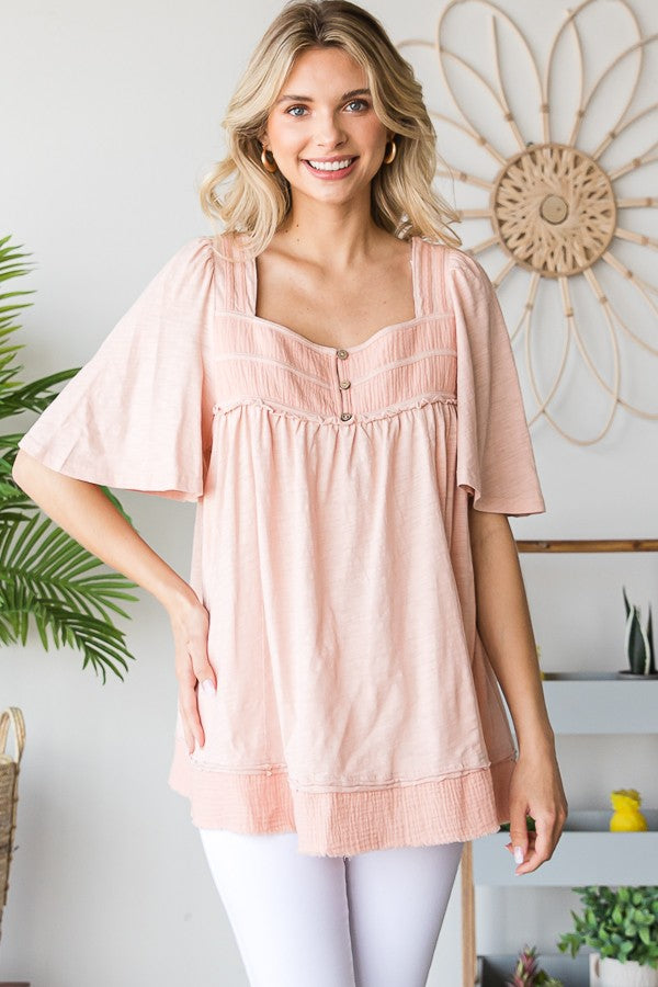 Oli & Hali Mineral Washed Ballon Sleeve Babydoll Top