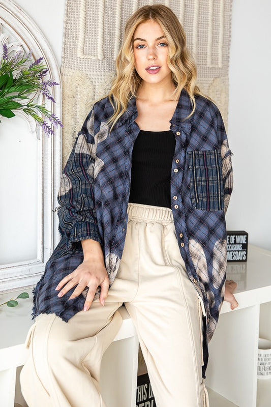 Oli & Hali Bleeched Flower Plaid Button Front Jacket